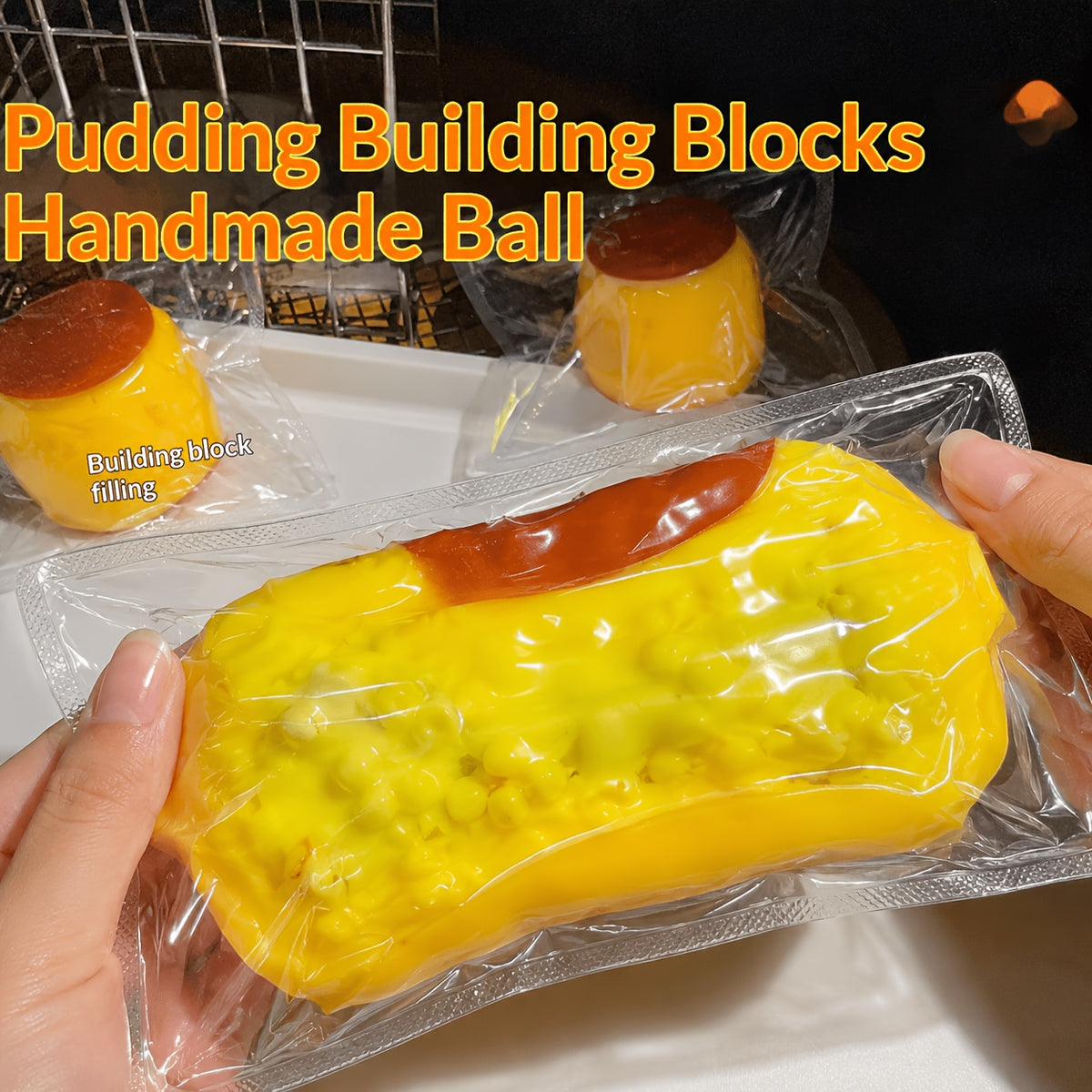 Handmade Caramel Pudding Squishy Stress Ball with Building Block & Clay Filling