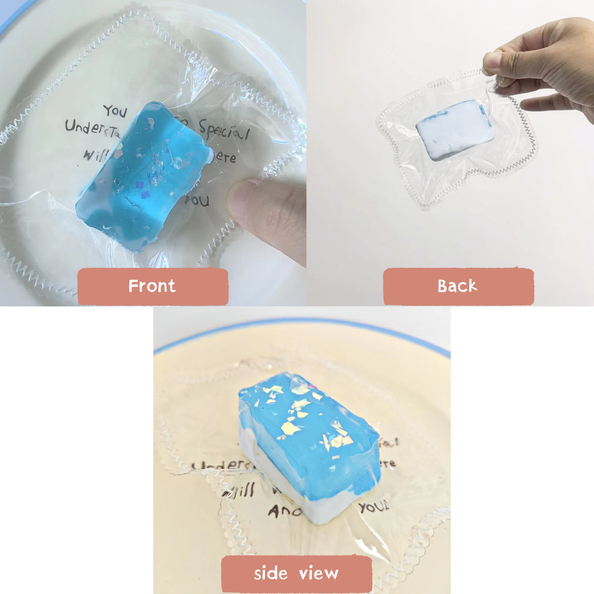 Glow in the dark silicone squeeze toy - front and back view