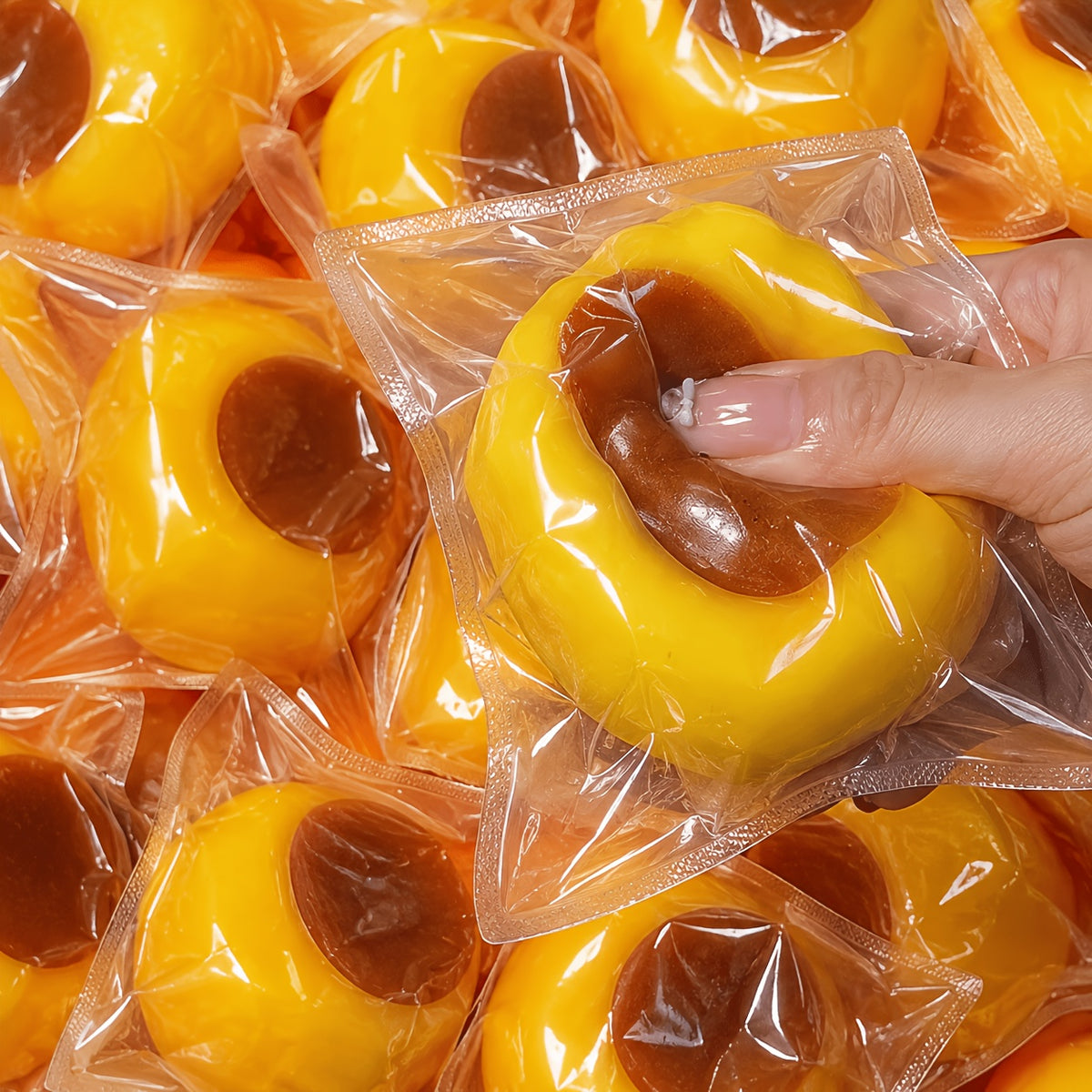 Handmade Caramel Pudding Squishy Stress Ball with Building Block & Clay Filling