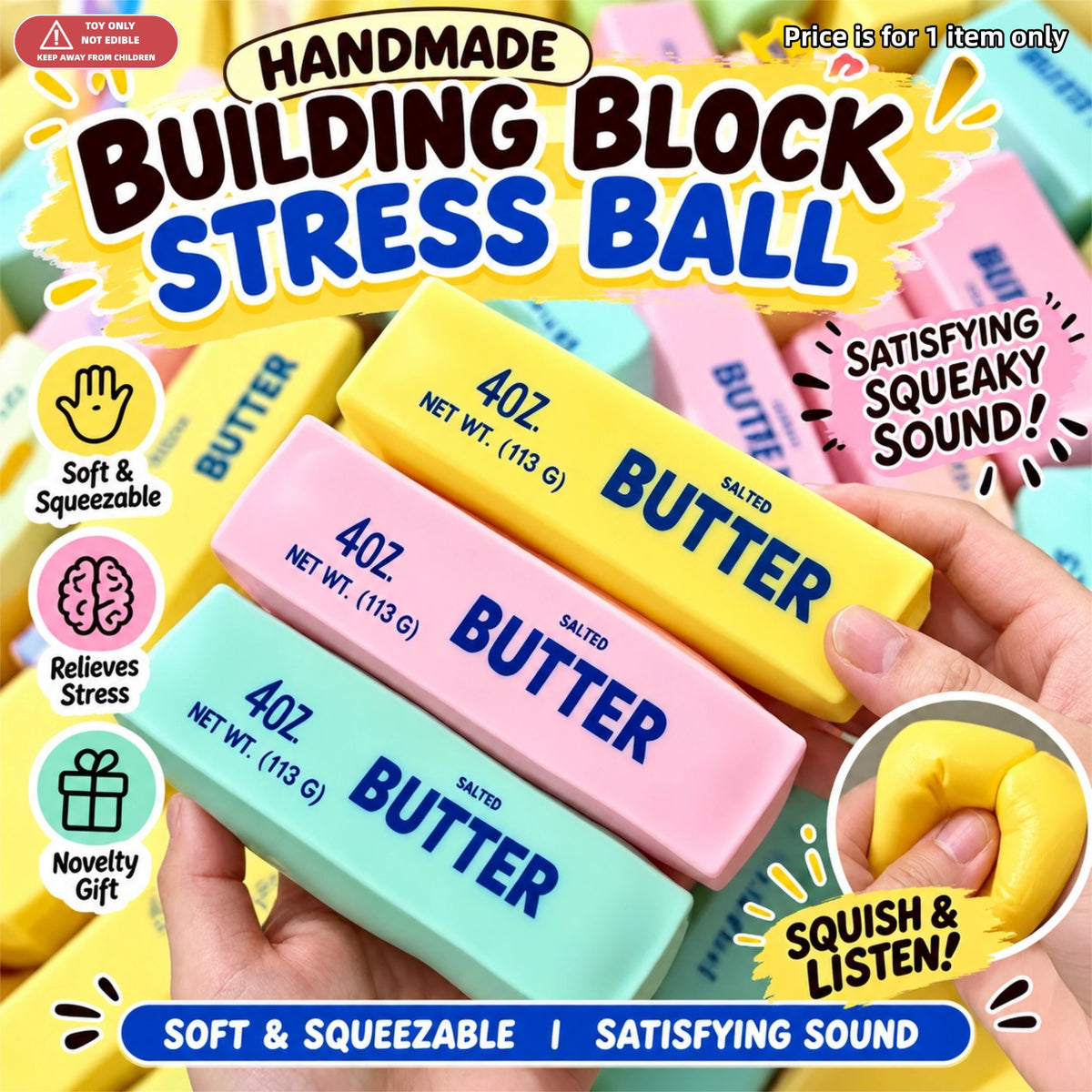 Handmade Crunchy Butter Squishy Fidget Toy, Sensory Stress Relief Novelty Gift