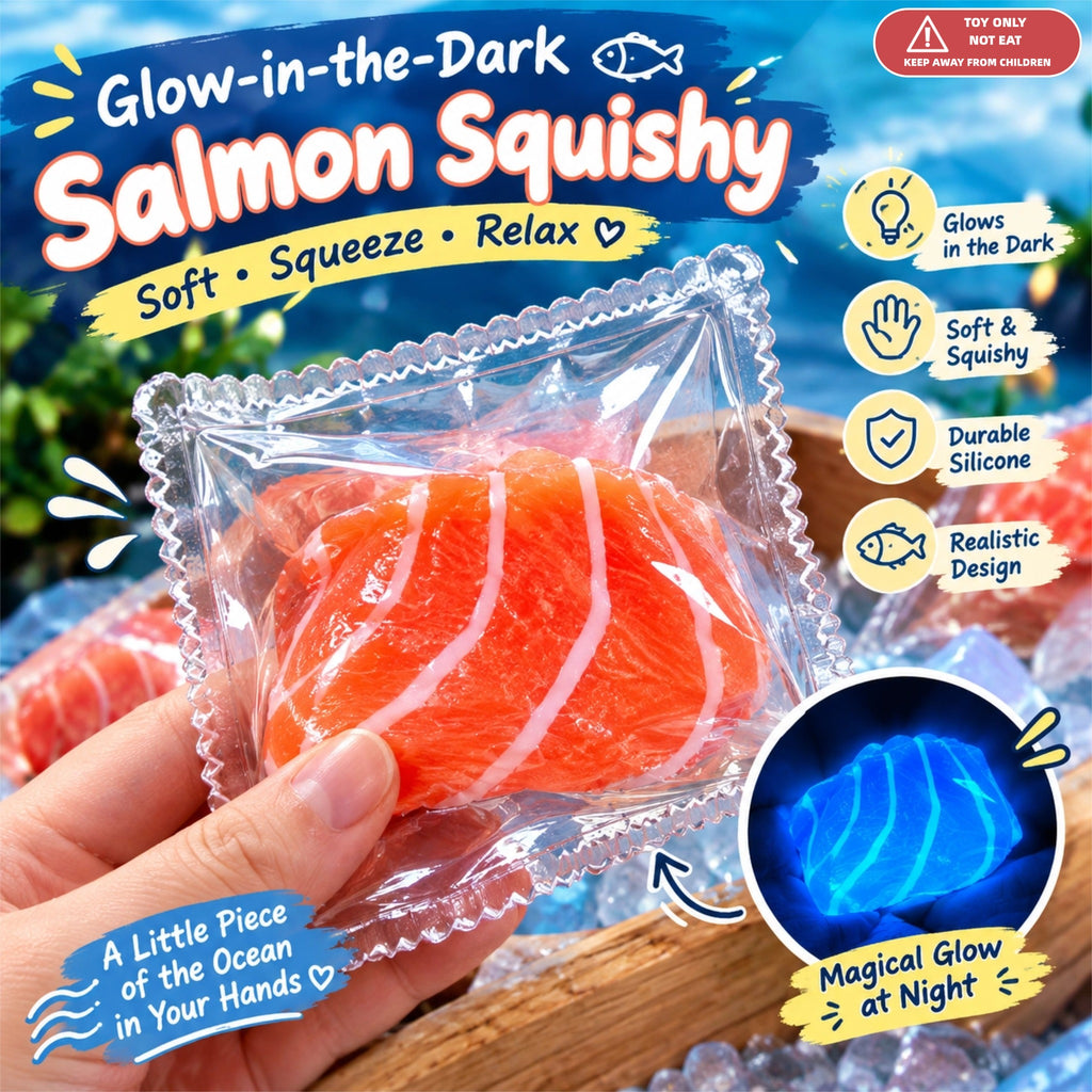 Glow-in-the-Dark Salmon Silicone Squishy Toy, Realistic Sashimi Fidget Stress Relief Gift